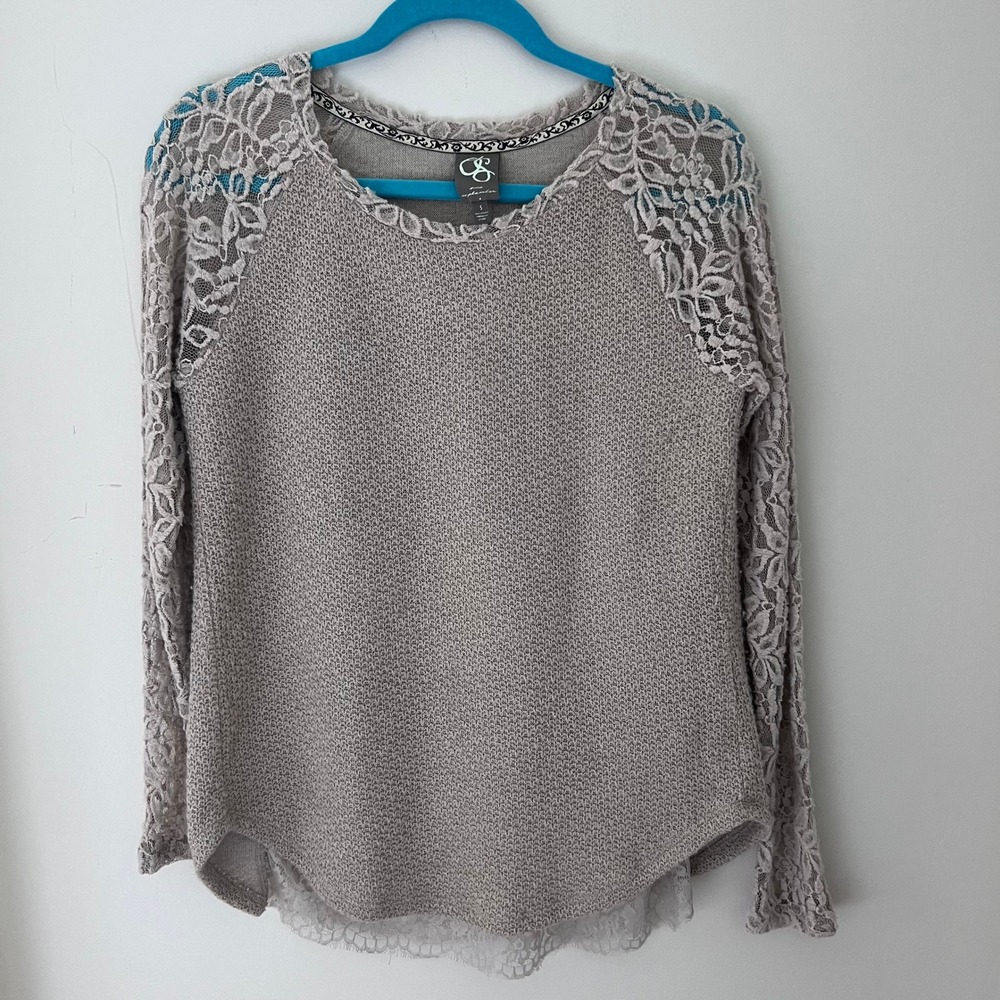 Anthropologie One September Lace Sleeve Top Knit Pullover Gray Small‎